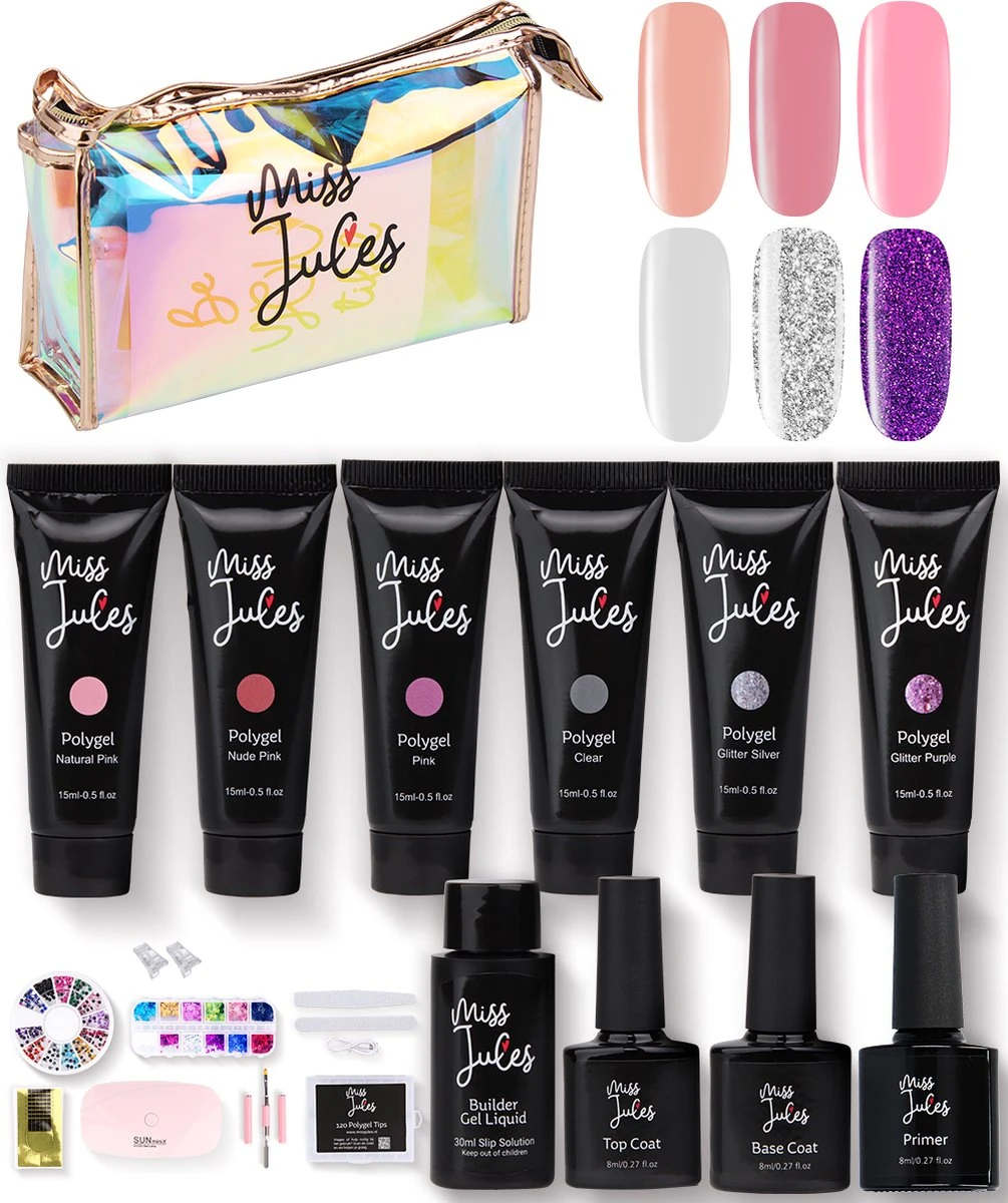Miss Jules® Luxe Complete Polygel Kit - Polygel Nagels Starterspakket - 6 Kleuren - Perfecte Combinatie Gellak & Acryl - Incl. UV LED Lamp & Instructievideo (NL)