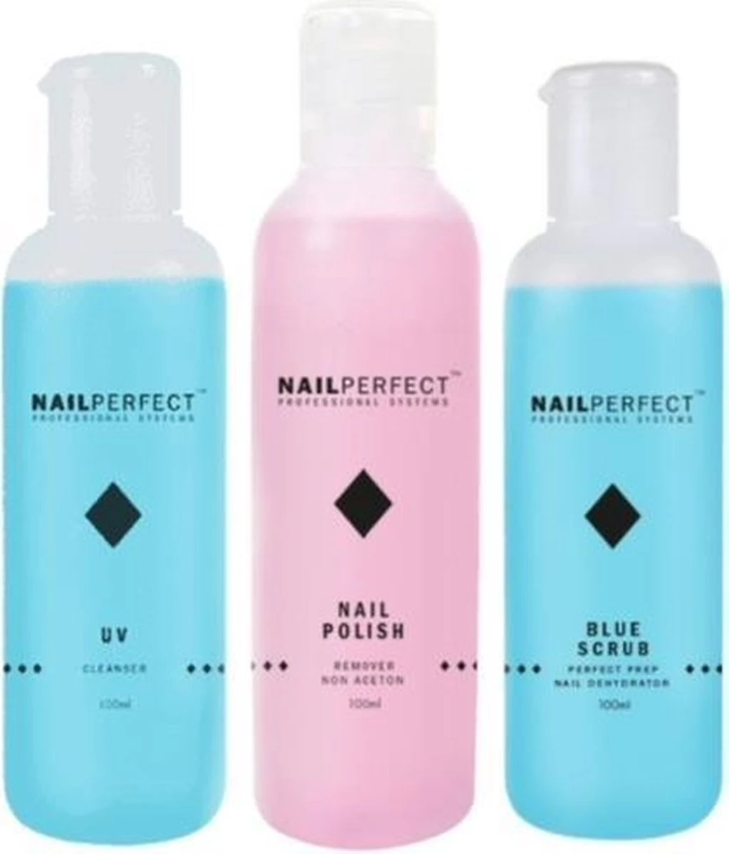 Nagel Vloeistoffen Set Voor Het Voorbereiden En Verwijderen Van Gel Nagels - UV Cleanser - Remover - Blue Scrub - 300 Ml