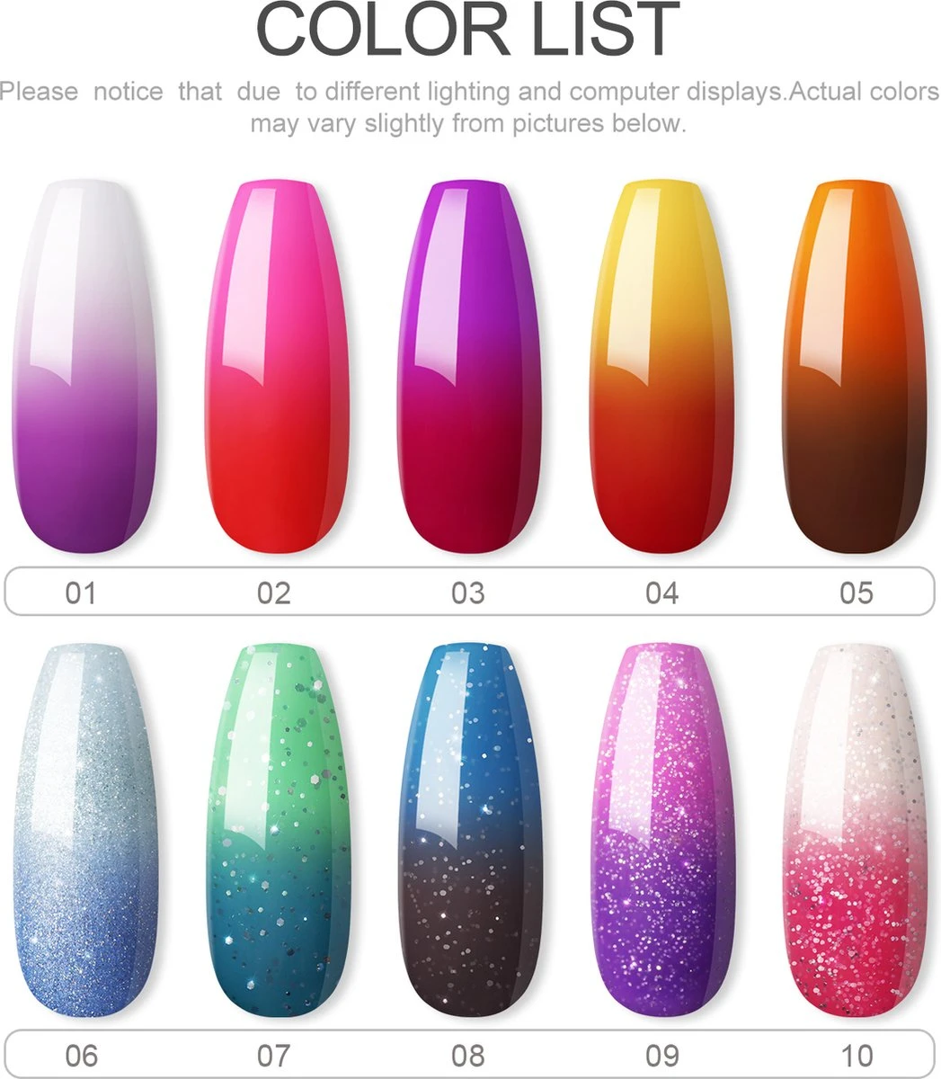 10 Temperatuur Veranderende Kleuren Gellak - Gel Nagellak - Gellakset - Nagelset - Temperature Change Nail Polish - Manicureset - 10 Kleuren Gel Polish - Gelnagels - Nagellak - Gelnagel Kit - Afbeelding 4
