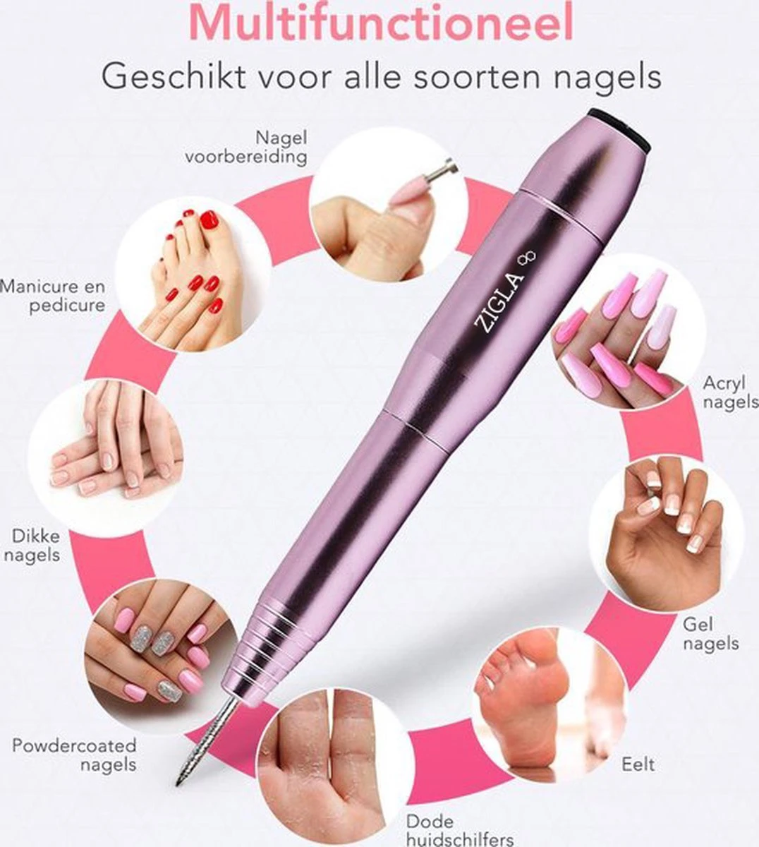 Zigla – Elektrische Nagelvijl - Nagelfrees- Manicure En Pedicure Set - 6 Schuurrolletjes - 11 Opzetstukken - Rosé/Goud - Vernieuwd - Afbeelding 6