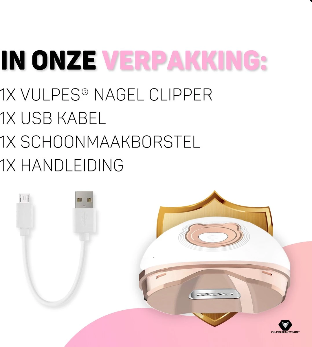 Vulpes BeautyCare® Elektrische Nagelknipper - Nagelschaar Met Opvangbakje – Veilige Nagelschaar Voor Baby’s, Kinderen, Volwassenen En Ouderen - Draadloos En Geruisloos – USB-Oplaadbaar – Rosé / Wit - Afbeelding 9