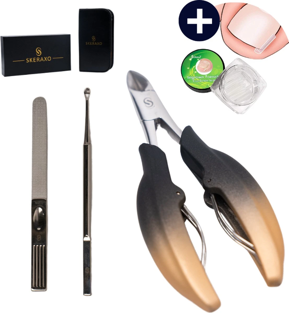 Skeraxo® Professionele Pedicureset Nageltang Kalknagel - Met Nagelvijl & Vuil Verwijderaar - Nagelschaar Voor Harde Teennagels – Nagelknipper Ingegroeide Teennagel - Inclusief Teennagel Correctors