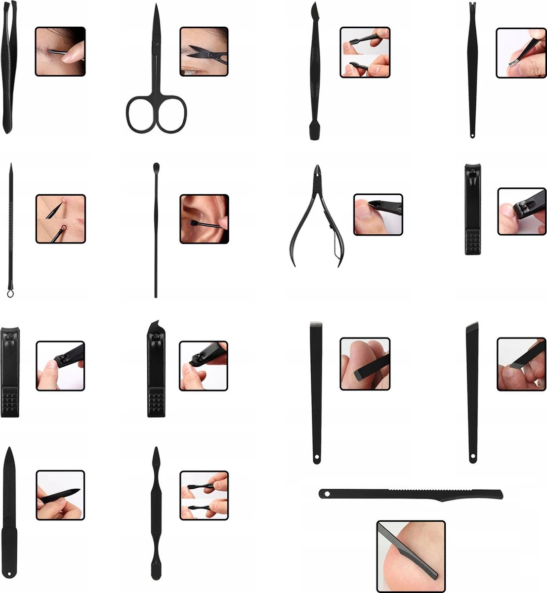 In Round Nagelset 16-delig Met Etui – Manicure Set – Pedicure Set - Staal – Zwart / Rood – Nagelsetje – Nagel Knipper – Nagelknipper – Manicureset – Nagelschaar – Pedicureset – Nagelverzorging – Nageltang – Nail Clipper - Afbeelding 4