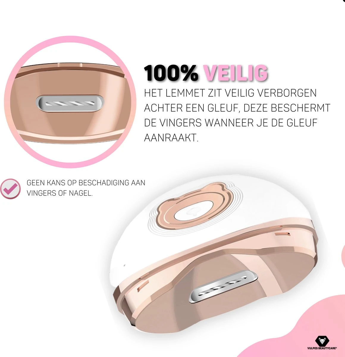 Vulpes BeautyCare® Elektrische Nagelknipper - Nagelschaar Met Opvangbakje – Veilige Nagelschaar Voor Baby’s, Kinderen, Volwassenen En Ouderen - Draadloos En Geruisloos – USB-Oplaadbaar – Rosé / Wit - Afbeelding 3