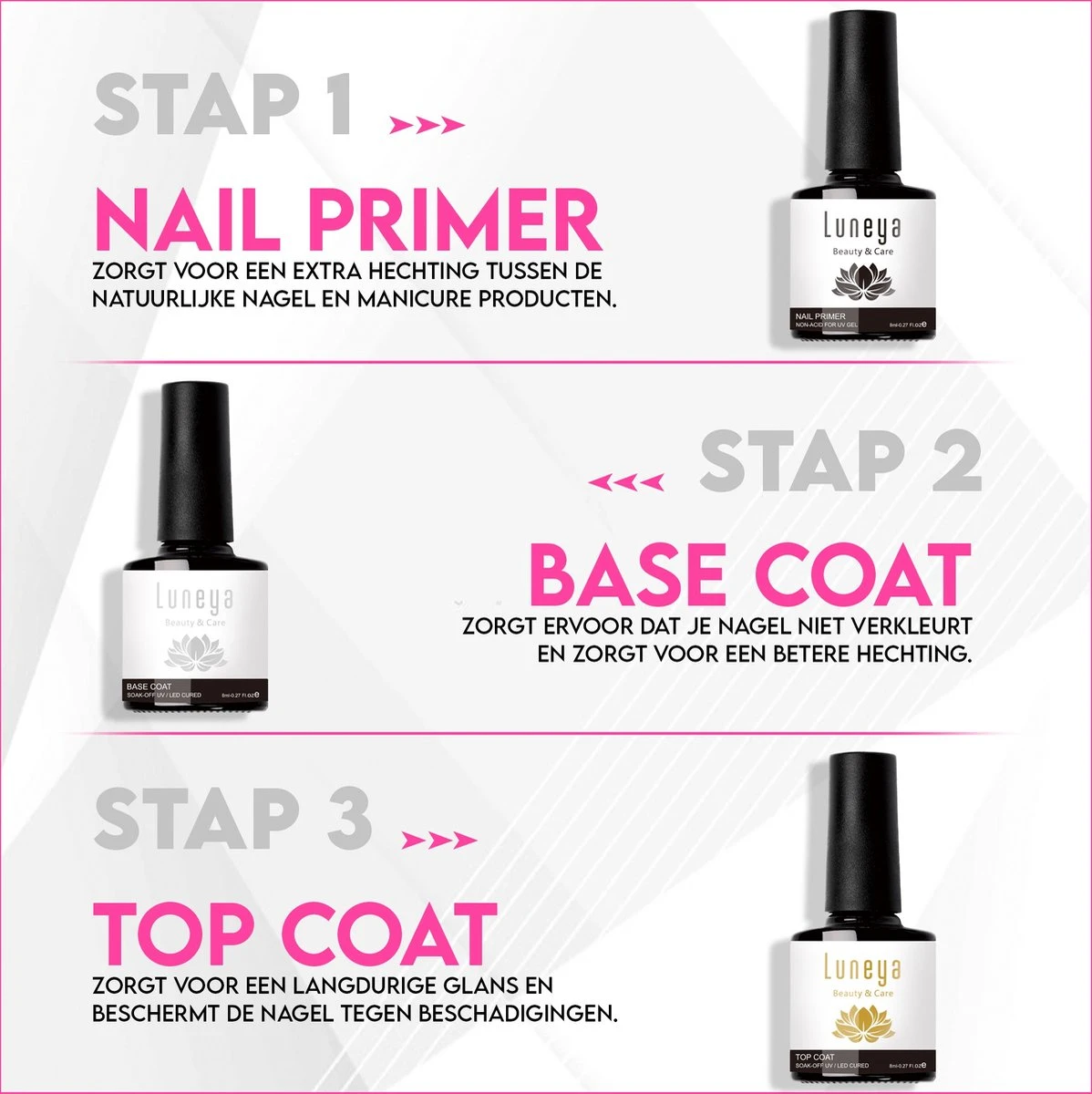 Luneya Gellak - Starterspakket - Primer - Base Coat - Top Coat - LED Lamp Gel Nagellak - Afbeelding 2