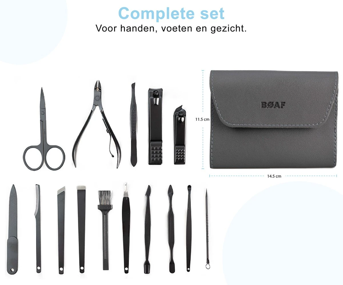 Merkloos Luxe 16-delige | Manicure Set | Met Lederen Opbergetui | Manicureset | Nagelknipper | Grijs - Afbeelding 2