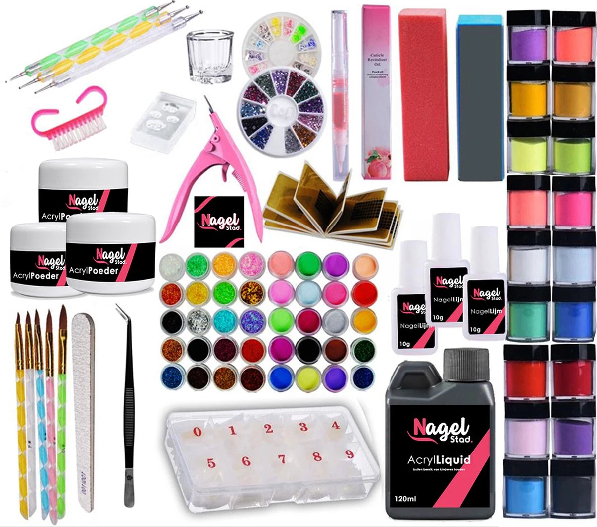 Acrylnagels Set | Nepnagels | Acryl Nagels Kit Starterspakket | Basispakket | Acrylnagels | Nail Art Pakket | 60 Kleuren Acryl Poeders/Glitters | 500 Franse Tips | Acrylic Liquid | Nagel Lijm | Plaknagels | 90 Delig | Nagel Set | Nagelstad