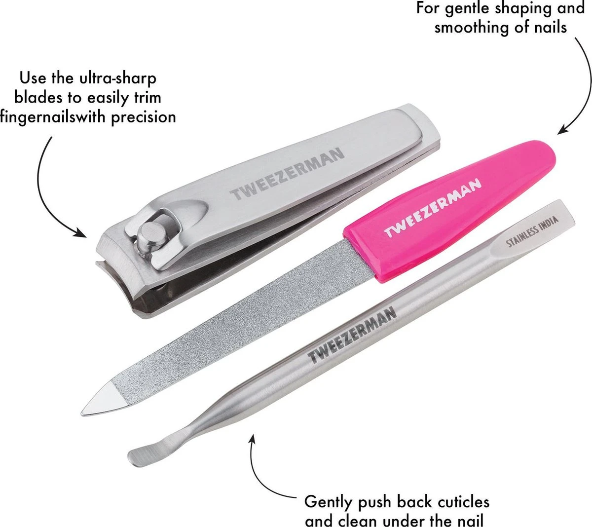 Tweezerman Mini Nagelset - RVS - Manicureset Met Nagelvijl, Nagelknipper, Bokkenpoot En Nagelriemknipper - Roze - Afbeelding 3