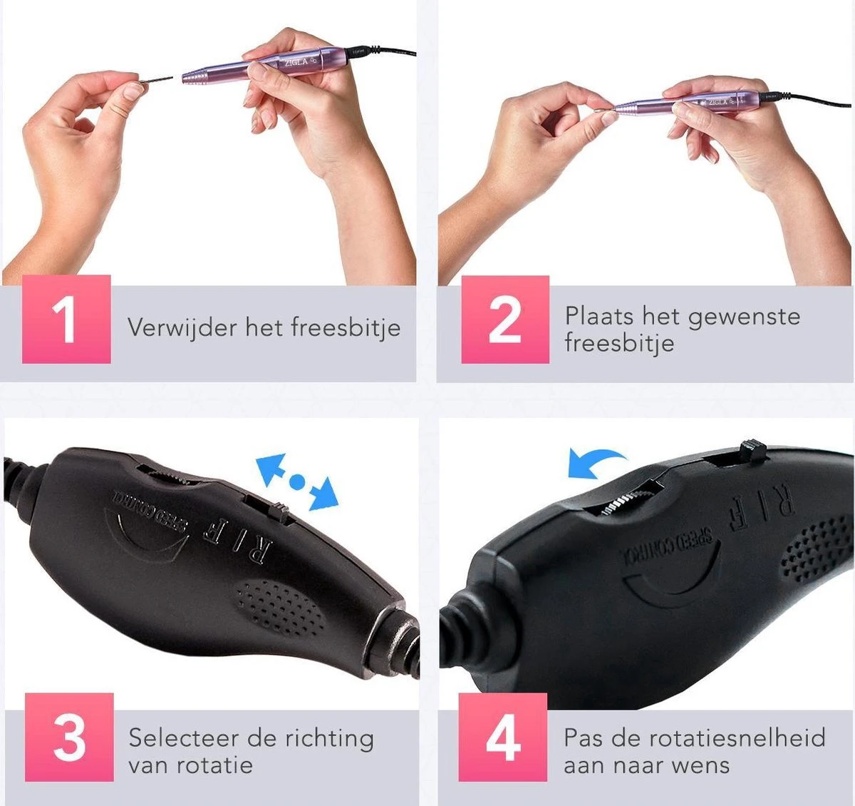 Zigla – Elektrische Nagelvijl - Nagelfrees- Manicure En Pedicure Set - 6 Schuurrolletjes - 11 Opzetstukken - Rosé/Goud - Vernieuwd - Afbeelding 4