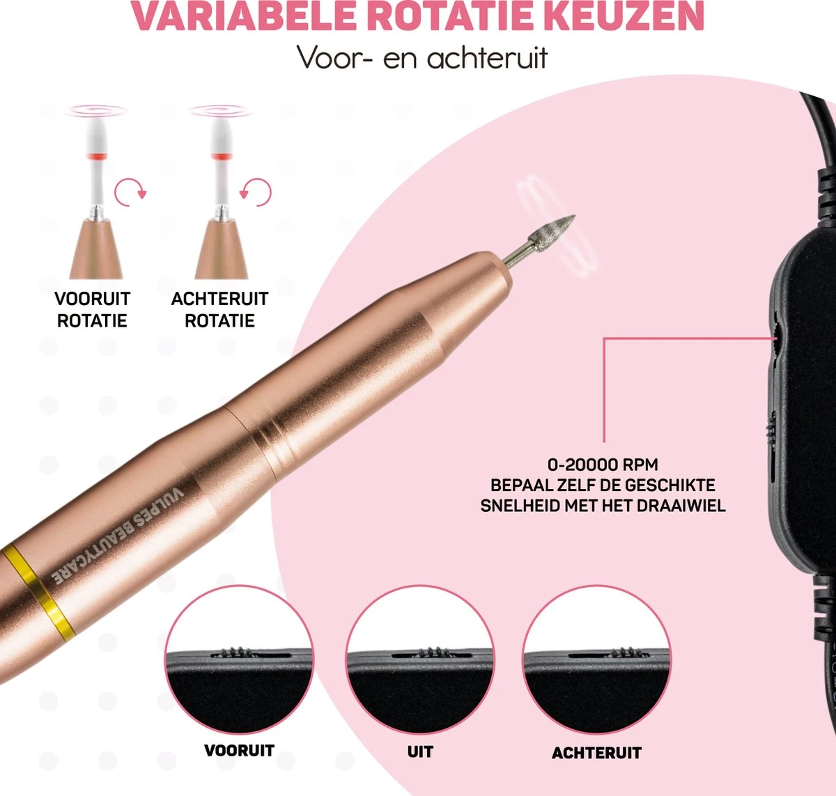 Vulpes BeautyCare® Elektrische Nagelvijl - 11 Nagelfrees Bitjes, 96 Schuurrolletjes & Draagtas - Manicure En Pedicure Set - Limited Edition - Rosé/Goud - Afbeelding 3