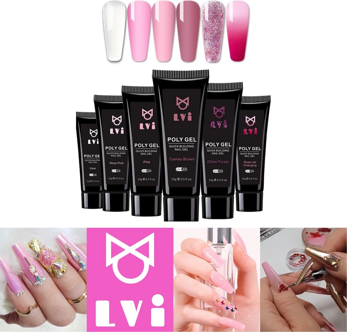 Elvi Polygel Starterskit - Complete Set Inc. USB UV/Led Mini Lamp-Nagelverlenging- Polygel 6 X 15g Perfecte Kleuren Roze - Polyacryl UV Nagellak-Quick Extension Temperature Color Changing UV Gel Pink - Afbeelding 7