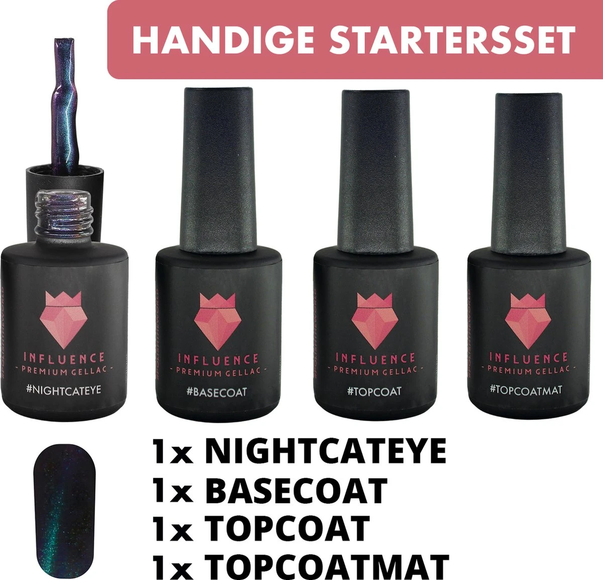 #NIGHTCATEYESERIE - Influence Gellac - Blauwe Gellak - Gellak Blauw UV - Gel Nagellak - Basecoat - Topcoat - Topcoatmat - No Wipe - Startersset - Kado Vrouw - Valentijns Cadeau - Kado Voor Haar - 4 X 10 Ml - Magneet
