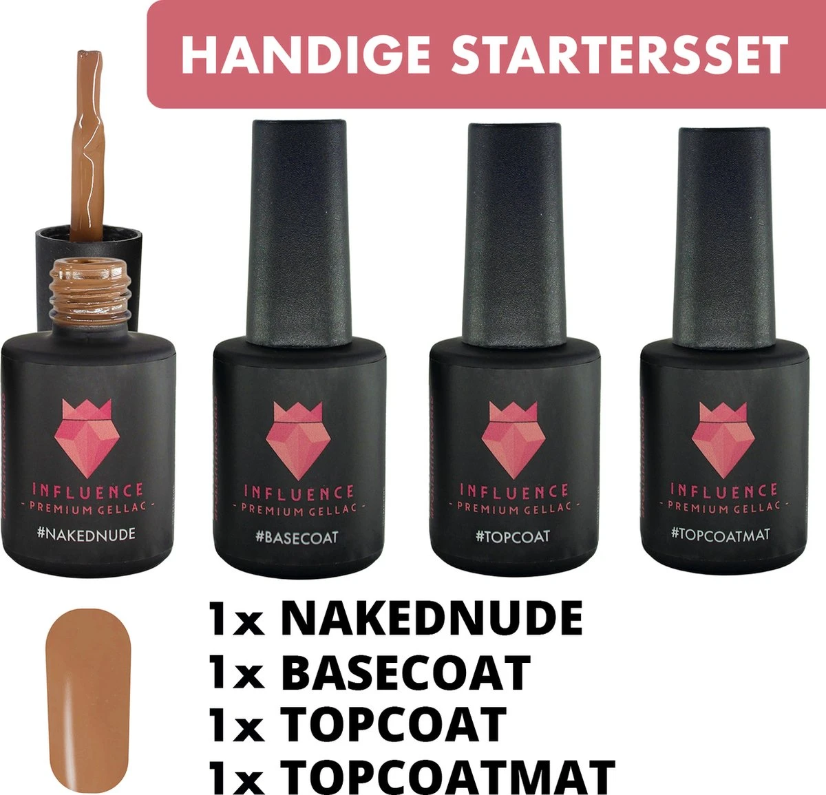 #NAKEDNUDESERIE - Influence Gellac - Nude Gellak - Gellak Nude UV - UV Gellak - Gel Nagellak - Basecoat - Topcoat - Topcoatmat - No Wipe - Startersset - Kado Vrouw - Valentijns Cadeau - Kado Voor Haar - 4 X 10 Ml