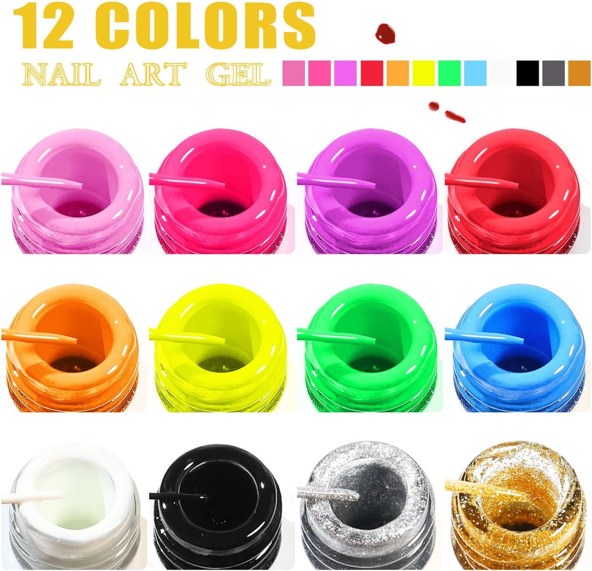 Nail Art Gel - Fine Liner Gel - 12 Stuks - UV/LED Gel - Gellak - Nagel Gellak - UV/LED Lamp - UV/LED Nageldroger - Gelnagels - Nepnagels - Acrylnagels - Tekenpenseel Nagels - Professioneel - Hoge Kwaliteit 7 Nail Art Gel - Fine Liner Gel - 12 Stuks - UV/LED Gel - Gellak - Nagel Gellak - UV/LED Lamp - UV/LED Nageldroger - Gelnagels - Nepnagels - Acrylnagels - Tekenpenseel Nagels - Professioneel - Hoge Kwaliteit - Afbeelding 5