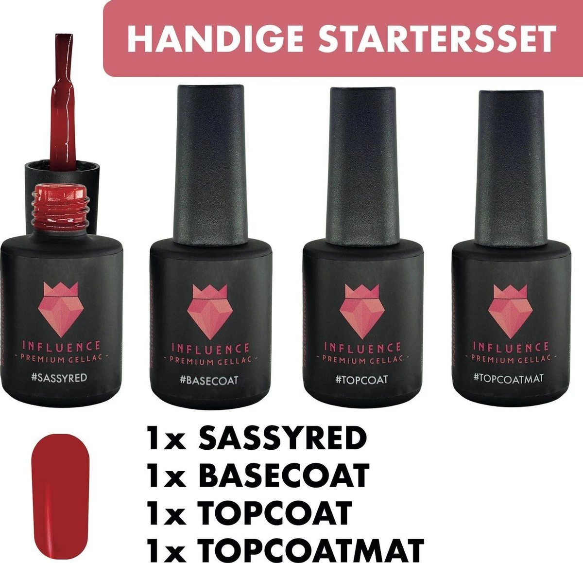 Merkloos #SASSYREDSERIE - Influence Gellac - Rode Gellak - Gellak Rood UV - UV Gellak - Gel Nagellak - Basecoat - Topcoat - Topcoatmat - No Wipe - Startersset - Kado Vrouw - Valentijns Cadeau - Kado Voor Haar - 4 X 10 Ml