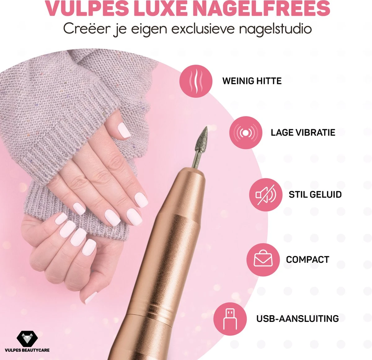 Vulpes BeautyCare® Elektrische Nagelvijl - 11 Nagelfrees Bitjes, 96 Schuurrolletjes & Draagtas - Manicure En Pedicure Set - Limited Edition - Rosé/Goud - Afbeelding 6