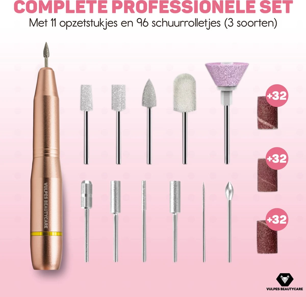 Vulpes BeautyCare® Elektrische Nagelvijl - 11 Nagelfrees Bitjes, 96 Schuurrolletjes & Draagtas - Manicure En Pedicure Set - Limited Edition - Rosé/Goud - Afbeelding 5