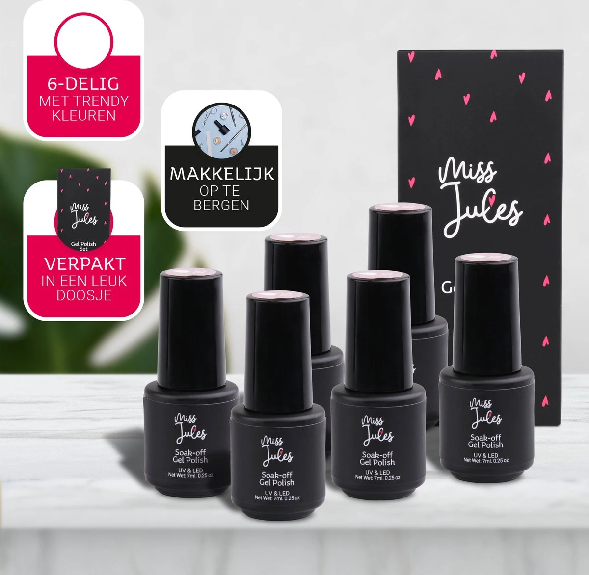 Miss Jules - 6-Delige Gellak Starterspakket - Nagellak - Kleur Rood & Roze - Glanzend & Dekkend Resultaat - Afbeelding 9
