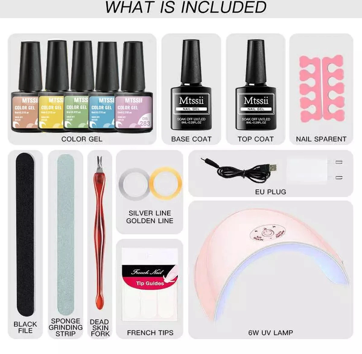 Mtssii - Gelnagel Kit - 5 ZOMER KLEUREN Gellak - Blauw, Groen, Oranje/nude, Geel En Lila- Starterkit - Manicure Set - 54 Watt UV Lamp - Gel Nagels Starterspakket - Nepnagels - - Afbeelding 6