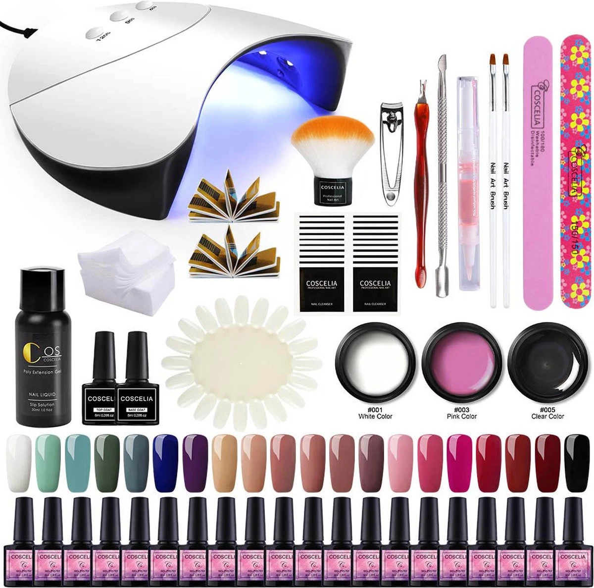 Gellak Starterspakket - 20 Kleuren - Polygel - Buildergel - Basecoat - Topcoat - Gellakset - Nagelset - Gelnagels - Nagellak - Poly Extension Kit - UV Lamp 36W - LED - Manicure Set - 20 Kleuren Gel Polish - Nagellamp - Nagelboor - Nageldroger