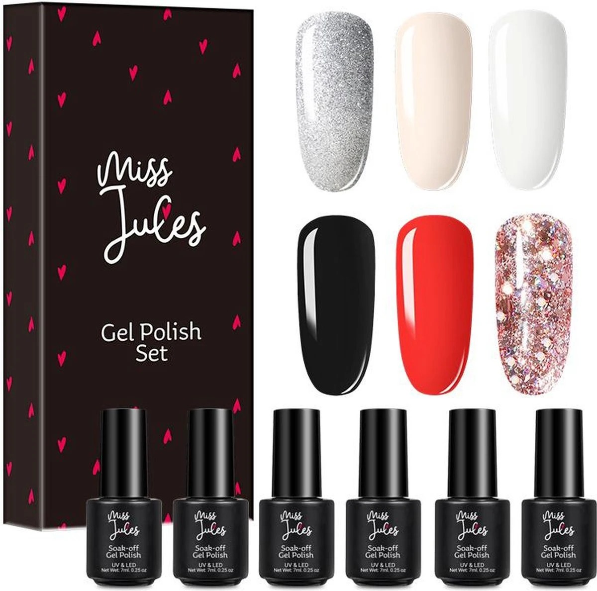 Miss Jules - 6-Delige Gellak Starterspakket - Nagellak - Kleur Rood, Wit, Creme & Glitter - Glanzend & Dekkend Resultaat