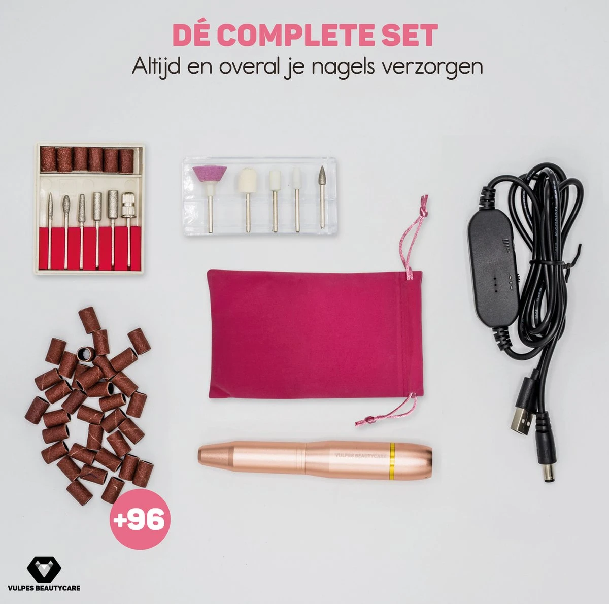 Vulpes BeautyCare® Elektrische Nagelvijl - 11 Nagelfrees Bitjes, 96 Schuurrolletjes & Draagtas - Manicure En Pedicure Set - Limited Edition - Rosé/Goud - Afbeelding 11