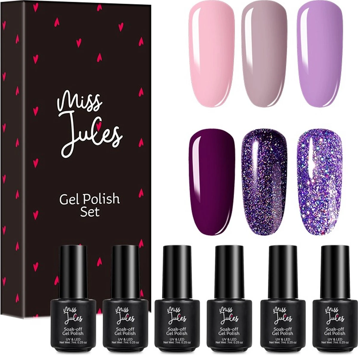Miss Jules - 6-Delige Gellak Starterspakket - Nagellak - Kleur Paars, Lila & Glitter - Glanzend & Dekkend Resultaat