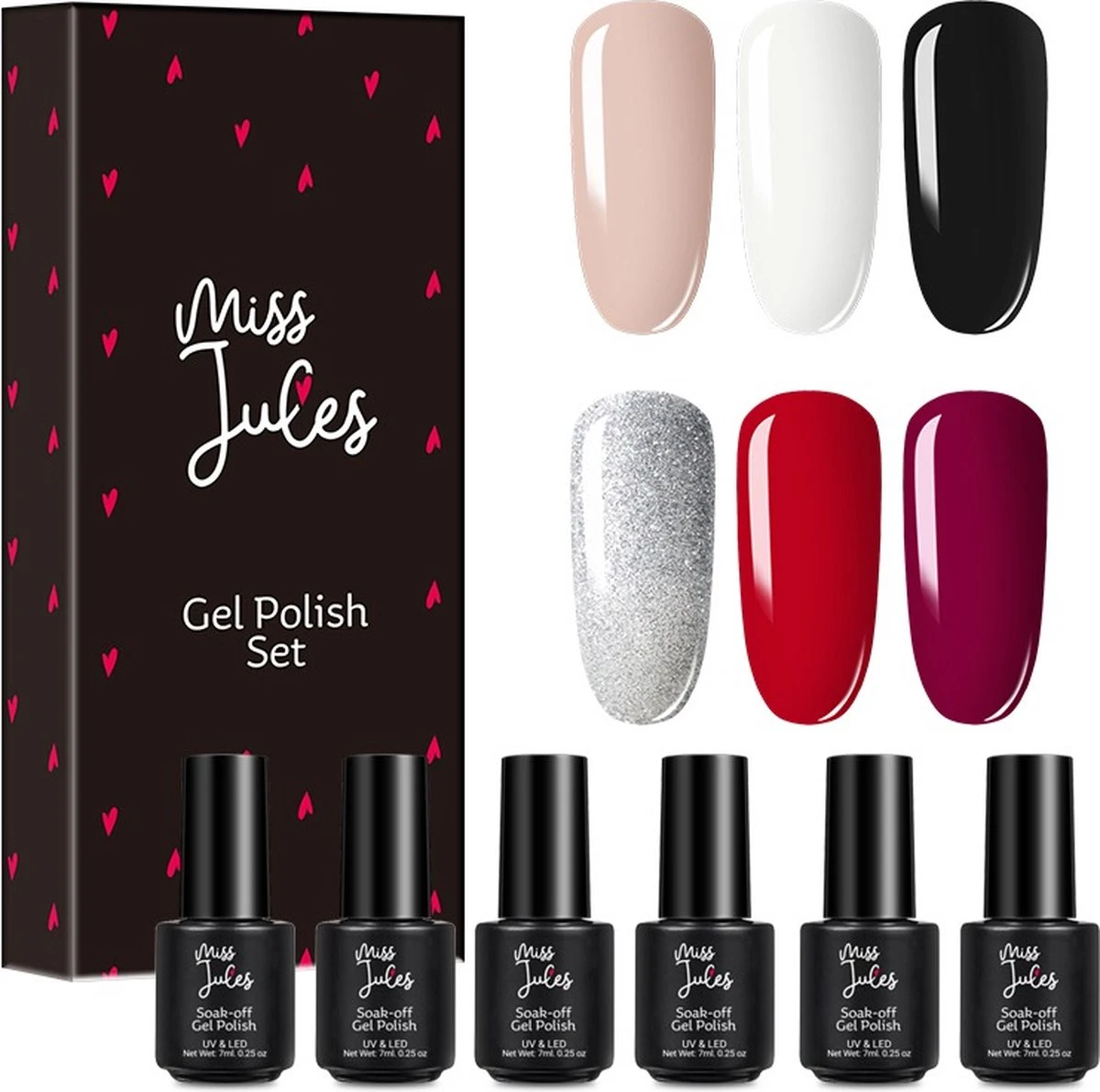 Miss Jules - 6-Delige Gellak Starterspakket - Nagellak - Kleur Rood, Zwart & Glitter - Glanzend & Dekkend Resultaat