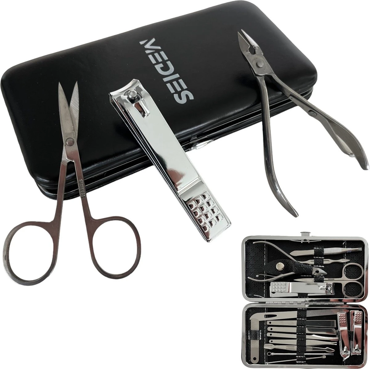 Medies - Luxe Manicureset 16 Delig Met Lederen Luxe Etui | Pedicure Set | Manicure Etui | Manicure Sets | Pedicure Sets | Nagelverzorging | Nagelknippers | Comedonlepels | Nagelvijl | Nagelriemknipper | Teennageltang | Nagelschaar | RVS - Afbeelding 3