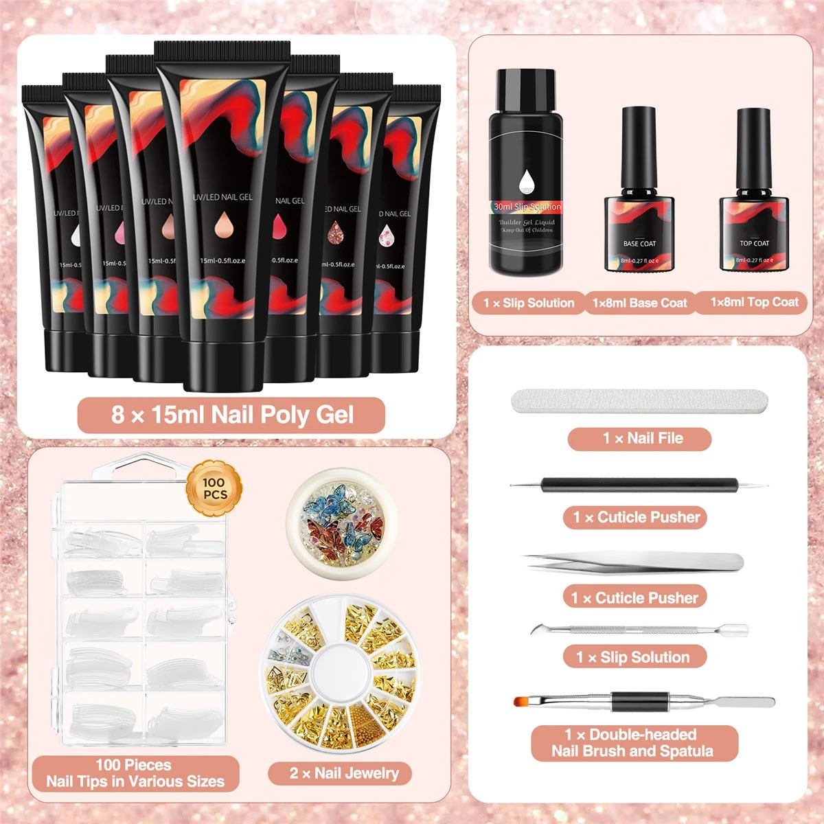 Merkloos Nepnagels - Polygel Set - Nagelverlengingsset - 8 Kleuren - Nagels Set - Temperatuurwisselgel - Lichtgevende Gel - Voor Beginners - Voor DIY Salon Art Nagels - Type A - Afbeelding 3