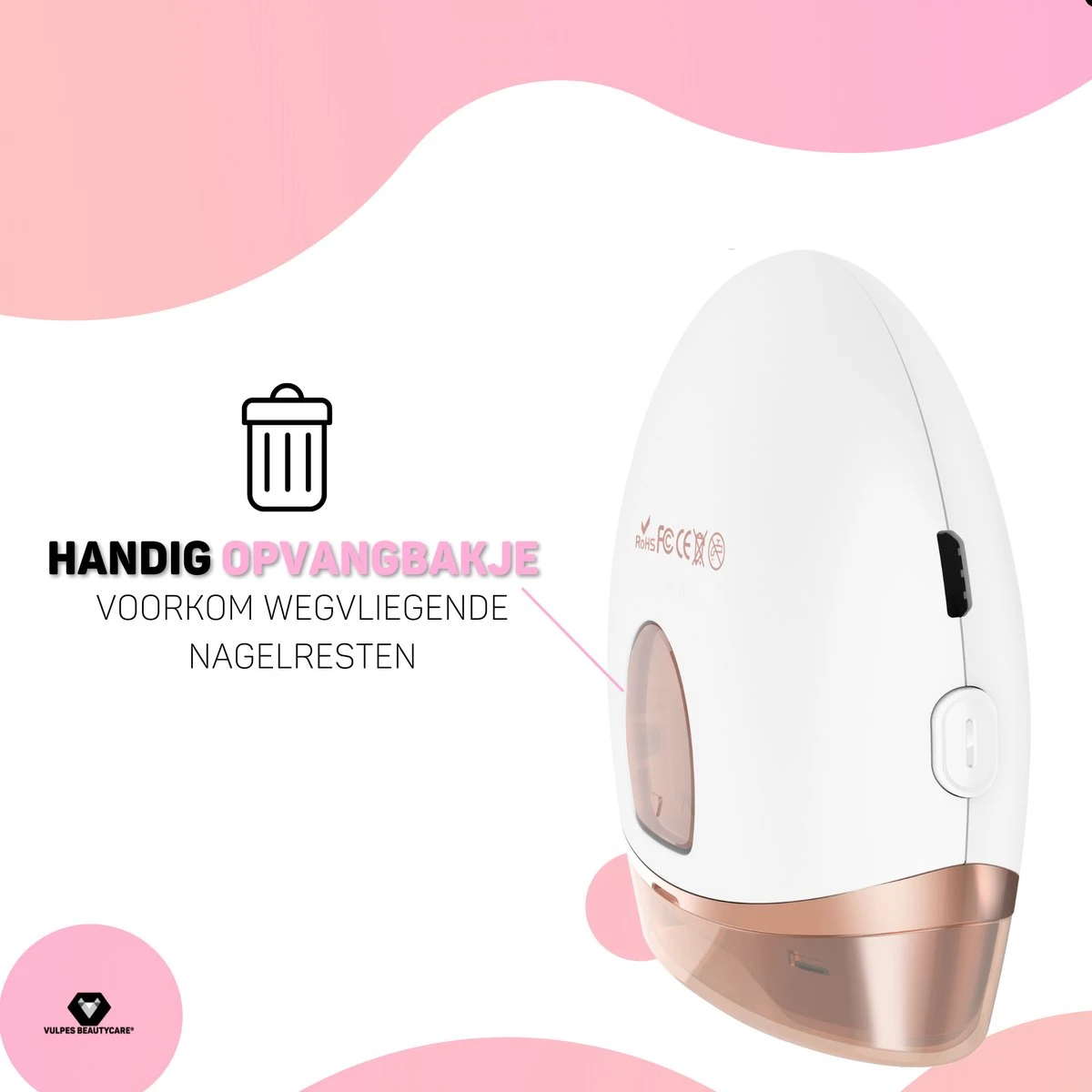 Vulpes BeautyCare® Elektrische Nagelknipper - Nagelschaar Met Opvangbakje – Veilige Nagelschaar Voor Baby’s, Kinderen, Volwassenen En Ouderen - Draadloos En Geruisloos – USB-Oplaadbaar – Rosé / Wit - Afbeelding 5
