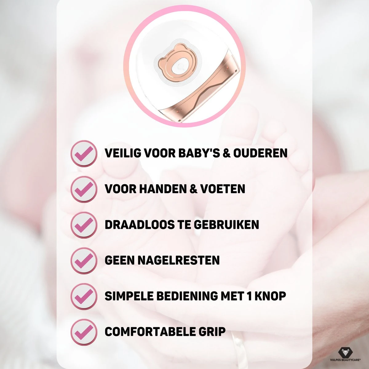 Vulpes BeautyCare® Elektrische Nagelknipper - Nagelschaar Met Opvangbakje – Veilige Nagelschaar Voor Baby’s, Kinderen, Volwassenen En Ouderen - Draadloos En Geruisloos – USB-Oplaadbaar – Rosé / Wit - Afbeelding 6