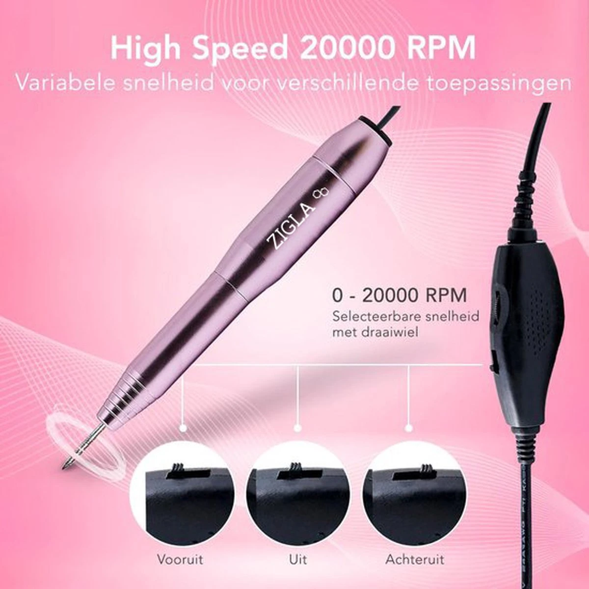 Zigla – Elektrische Nagelvijl - Nagelfrees- Manicure En Pedicure Set - 6 Schuurrolletjes - 11 Opzetstukken - Rosé/Goud - Vernieuwd - Afbeelding 8