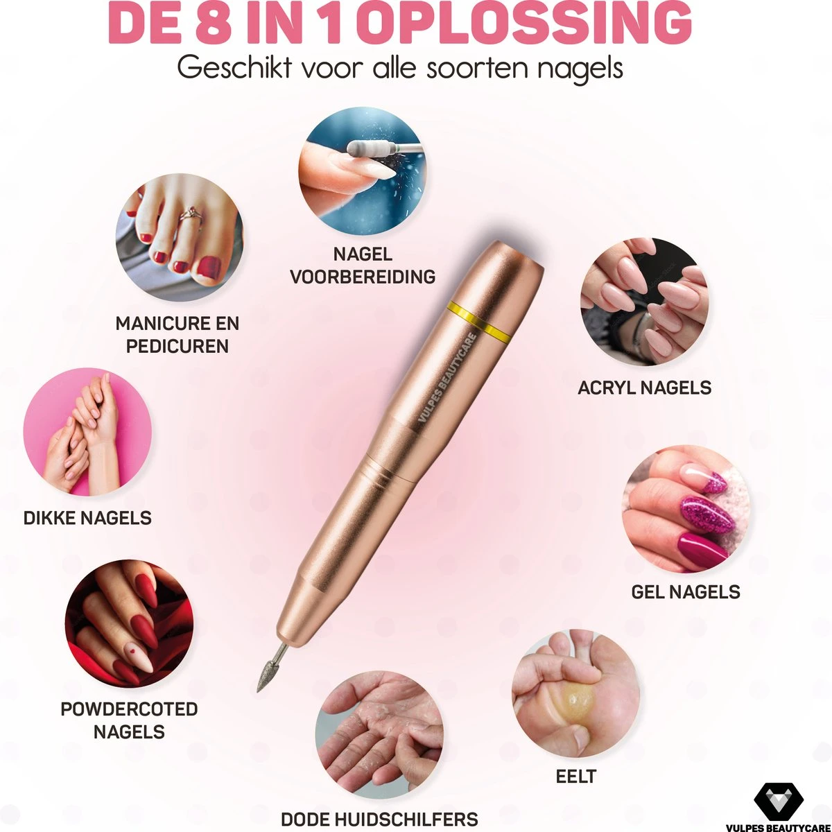 Vulpes BeautyCare® Elektrische Nagelvijl - 11 Nagelfrees Bitjes, 96 Schuurrolletjes & Draagtas - Manicure En Pedicure Set - Limited Edition - Rosé/Goud - Afbeelding 2