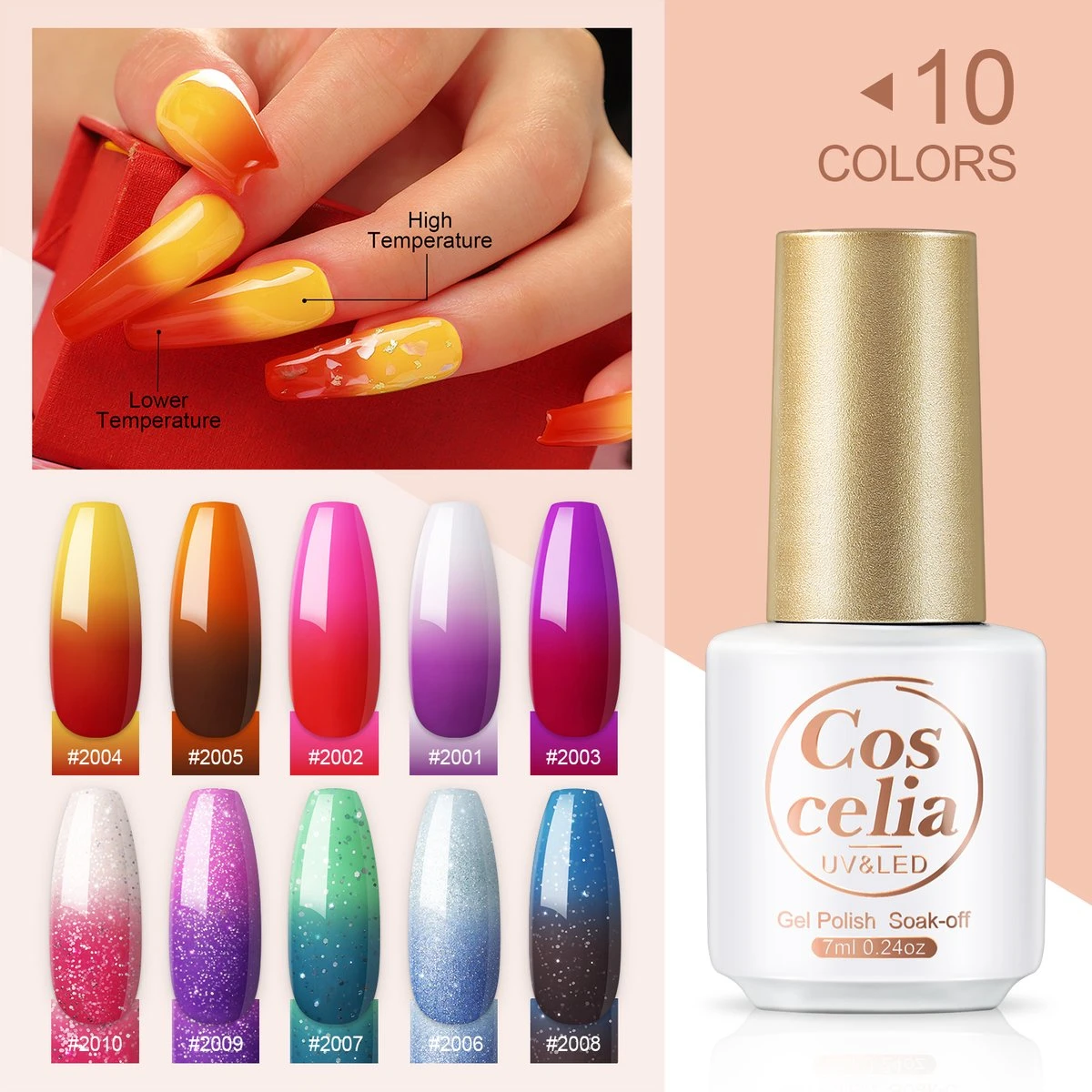 10 Temperatuur Veranderende Kleuren Gellak - Gel Nagellak - Gellakset - Nagelset - Temperature Change Nail Polish - Manicureset - 10 Kleuren Gel Polish - Gelnagels - Nagellak - Gelnagel Kit - Afbeelding 6