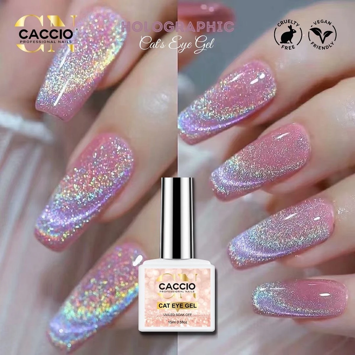 CACCIO® 2022 Gellak - Holographic Cat's Eye Gel 15ml - Gelnagels - Manicure/pedicure Handen En Voeten -Nagels - Nepnagels - Top Coat - UV/LED Gel Nagellak - Hoge Pigment - Hoge Kwaliteit - Professioneel Gebruik - Nagelstudio - UV/LED LAMP - Gelnagels