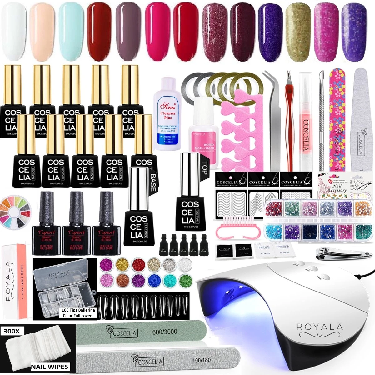 Royala Gellak D5pl Starterspakket + Inclusief UV Lamp + Met 13 Verschillende Gellak Kleuren - Ballerina Tips - Gellak Lamp – Nail Wipes - Cleanser - Nail Art - Gellac Set - Alle Benodigdheden In Eén - Uitgebreid 75-Delig Pakket