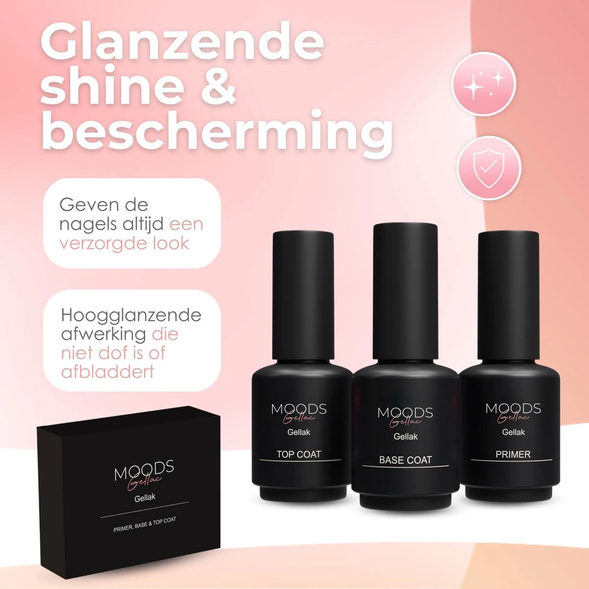 Moods Gellac Starterspakket - Primer - Base Coat - Top Coat - Gellak - LED Lamp Nagellak - 7.3 ML - Afbeelding 3