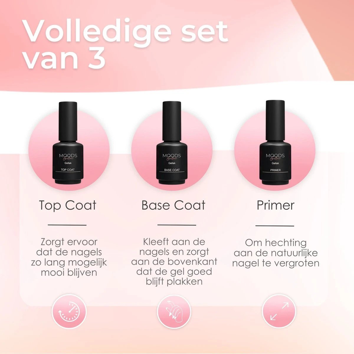 Moods Gellac Starterspakket - Primer - Base Coat - Top Coat - Gellak - LED Lamp Nagellak - 7.3 ML - Afbeelding 4