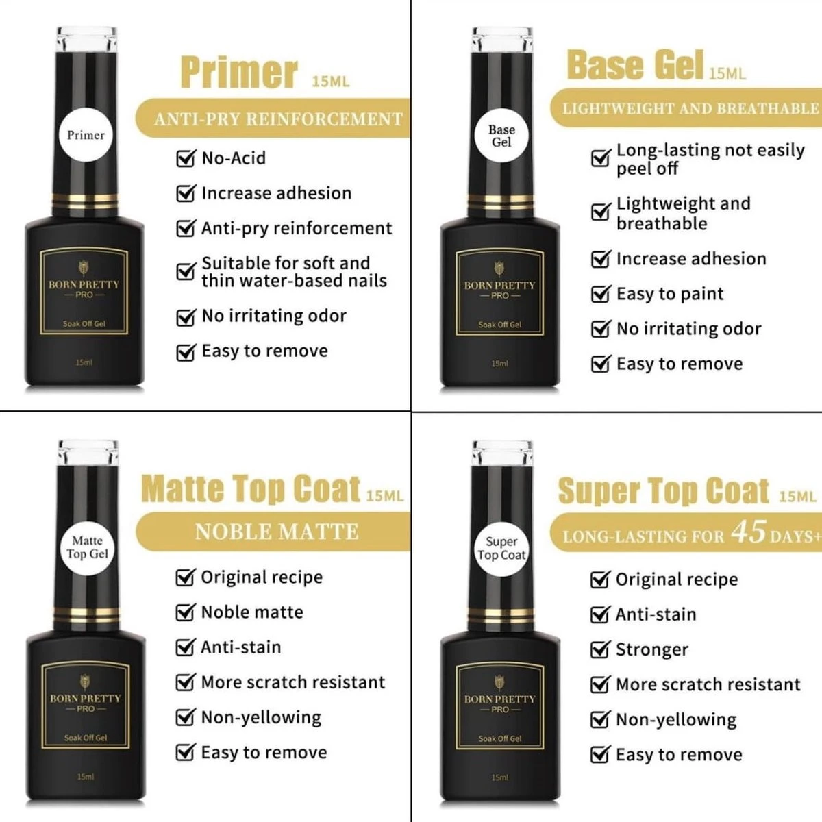 Born Pretty - 4 X 15 Ml - Gellak Starterspakket - Gellak Set - Gelpolish - Gellak Base En Topcoat - Primer - Primer Nagels - Primer Gelnagellak - Primer Gellak - Basecoat - Topcoat - Gellak Nagellak - Matte Nagellak - Matte Topcoat Gellak - Base Coat - Afbeelding 3