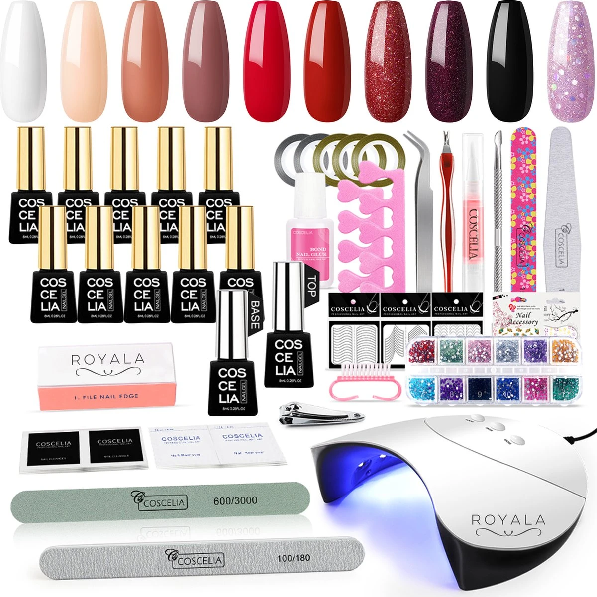 Royala D1 Gellak Starters Pakket + Inclusief UV LED Lamp + 10 Verschillende Gellak Kleuren - Gellak Lamp – Gellac Set - Alle Benodigdheden In Eén - Uitgebreid 62-Delig Pakket- Gel Polish Set - Gellak Set - UV LED Lamp