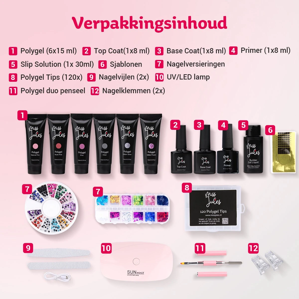 Miss Jules® Luxe Complete Polygel Kit - Polygel Nagels Starterspakket - 6 Kleuren - Perfecte Combinatie Gellak & Acryl - Incl. UV LED Lamp & Instructievideo (NL) - Afbeelding 5