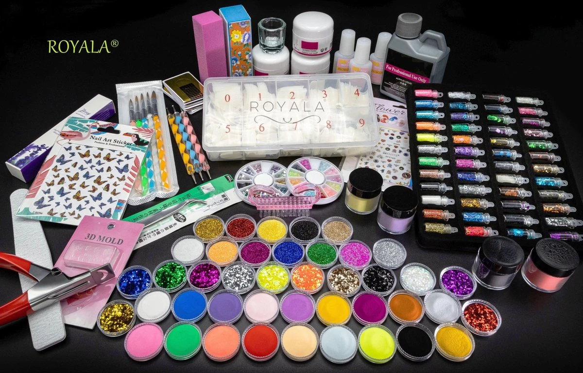 Royala - Acrylnagels Starters Pakket Large|L| 125 Delig | 94 Colors | Acryl Nagels Set | Acryl Starter Kit | Nail Art Pakket | 500 Franse Nageltips | Manicure Set Voor Nail Art Kit | Nagel Decoratie | Acryl Poeder | Acryl Vloeistof | Monomeer