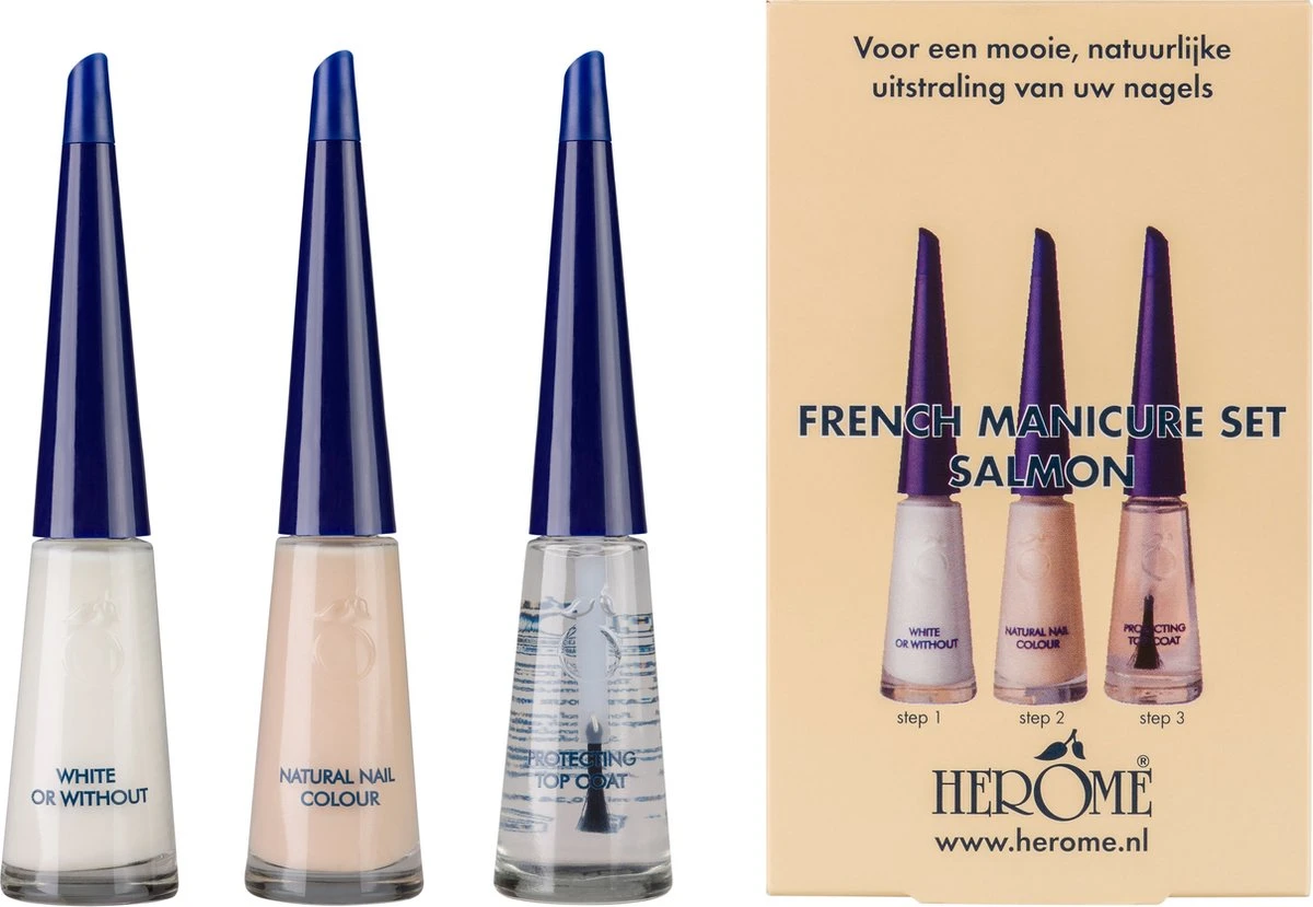 Herome French Manicure Set Salmon - Complete Set In 3 Stappen Een French Manicure - Met Een Salmon Kleurlak, Een Witte Nagellak Voor De Nagelranden En Een Top Coat - 3x10ml.
