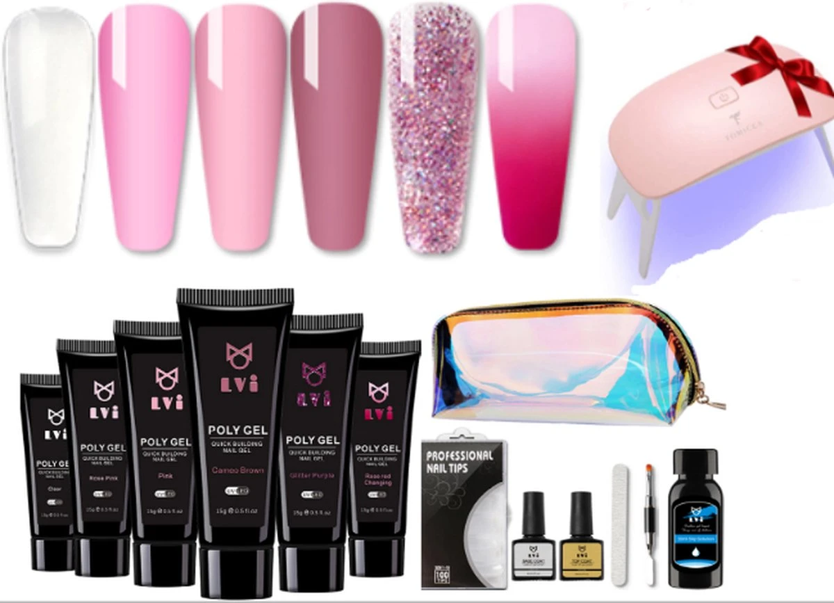 Elvi Polygel Nagels Kit - 6x15 Perfecte Polygel Kleuren Voor De Feestdagen- Nagelverlenging - Polyacryl UV Nagellak-Quick Extension Set- Polygel Color Changing Red-Pink-Polygel Starterspakket- UV Base & Top Coat-Slip Solution-100 Nagel Tips-