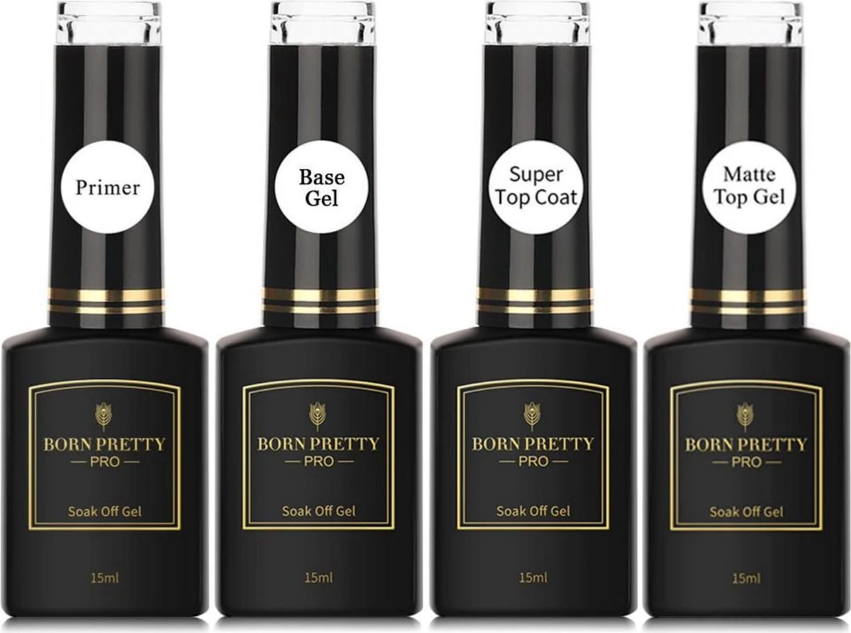 Born Pretty - 4 X 15 Ml - Gellak Starterspakket - Gellak Set - Gelpolish - Gellak Base En Topcoat - Primer - Primer Nagels - Primer Gelnagellak - Primer Gellak - Basecoat - Topcoat - Gellak Nagellak - Matte Nagellak - Matte Topcoat Gellak - Base Coat