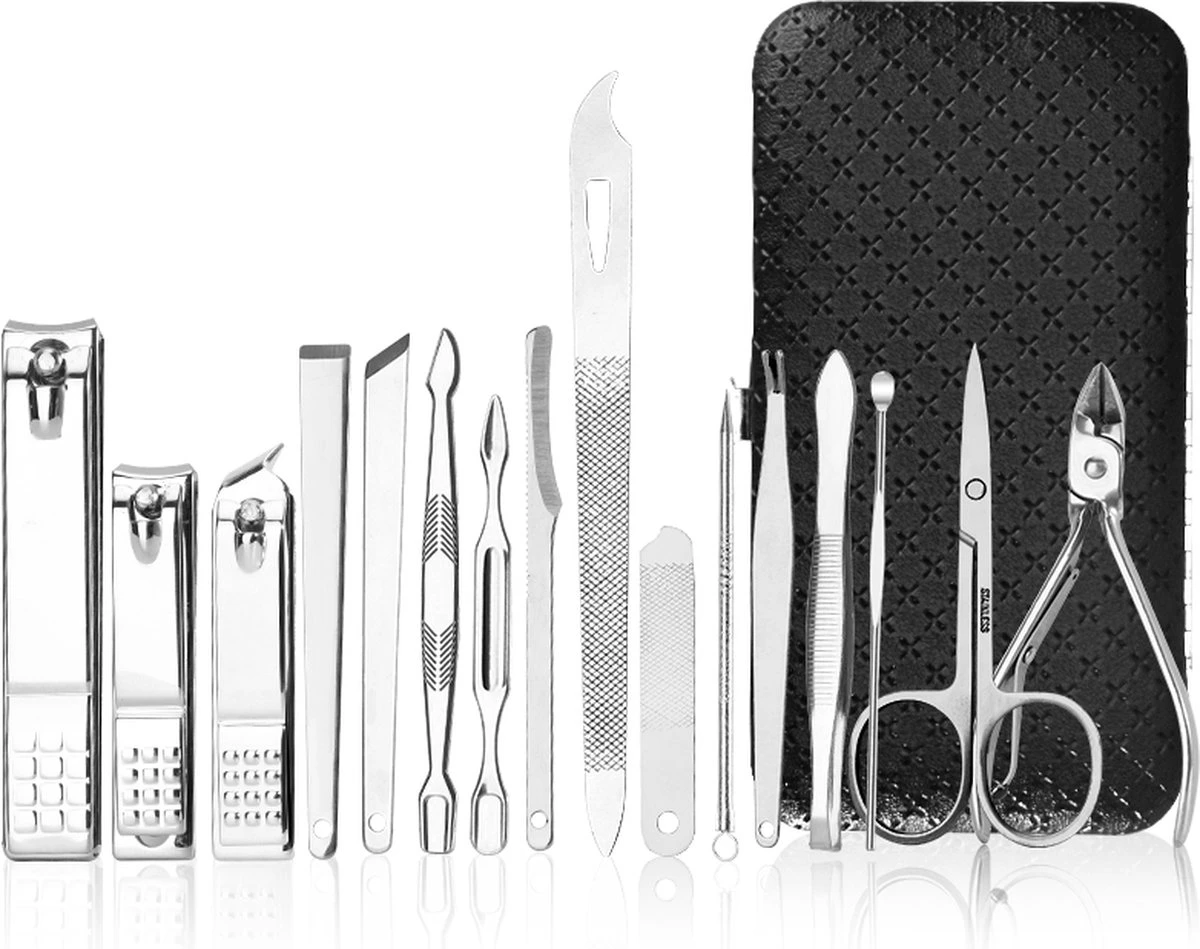 Medies - Luxe Manicureset 16 Delig Met Lederen Luxe Etui | Pedicure Set | Manicure Etui | Manicure Sets | Pedicure Sets | Nagelverzorging | Nagelknippers | Comedonlepels | Nagelvijl | Nagelriemknipper | Teennageltang | Nagelschaar | RVS
