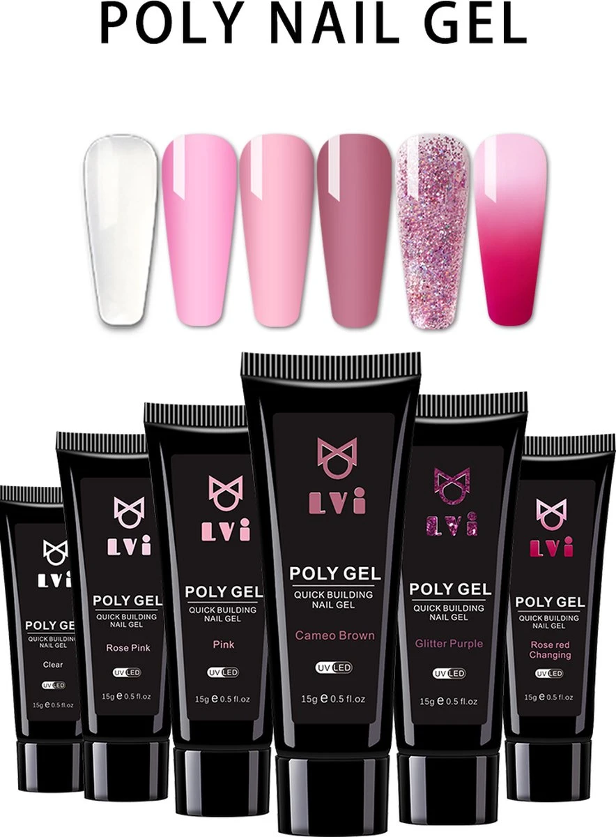 Elvi Polygel Nagels Kit - 6x15 Perfecte Polygel Kleuren Voor De Feestdagen- Nagelverlenging - Polyacryl UV Nagellak-Quick Extension Set- Polygel Color Changing Red-Pink-Polygel Starterspakket- UV Base & Top Coat-Slip Solution-100 Nagel Tips- - Afbeelding 2