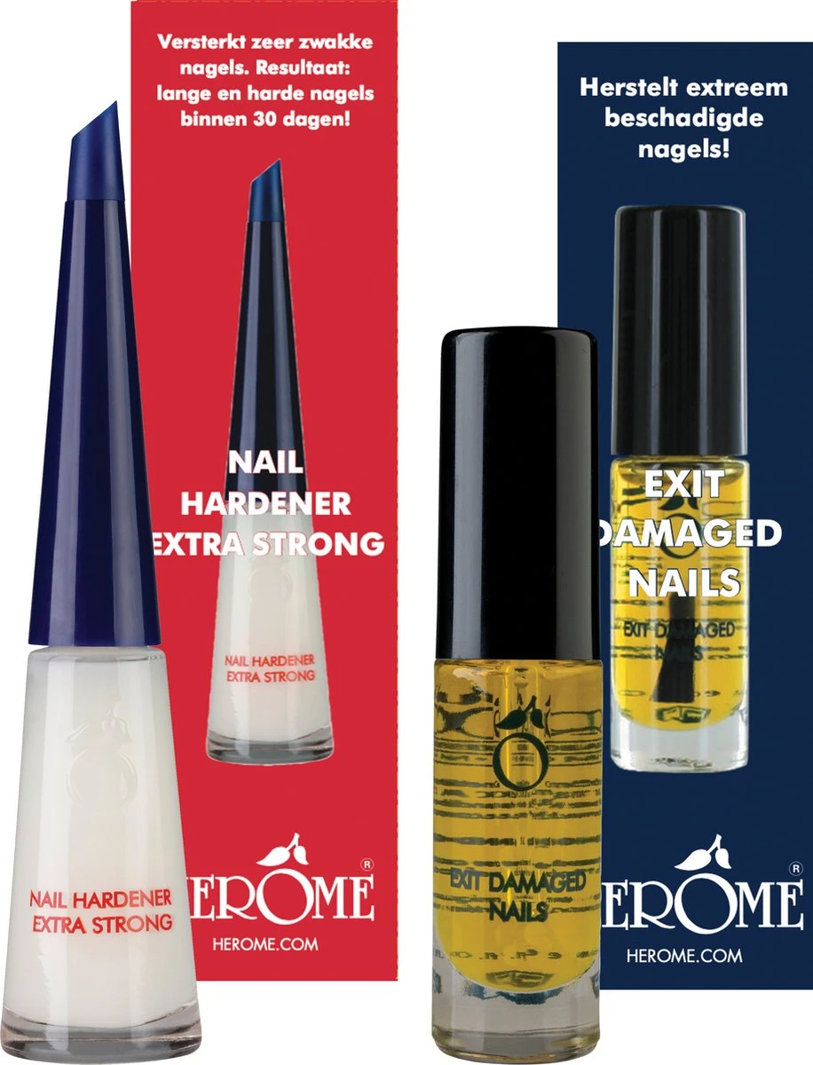 Herome Combi-Pack Exit Damaged Nails & Nagelverharder Extra Sterk (Nail Hardener Extra Strong) - Herstelt Beschadigde Nagels En Zorgt Voor Ijzersterke Nagels - 7ml. & 10ml.
